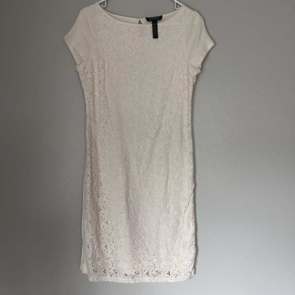 Lauren By Ralph Lauren Women Crocheted‎  Lace Dress Medium Cream Short Sleeve